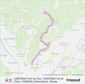 Trajet de la ligne de bus 62 : Grenoble au Col de Porte. 